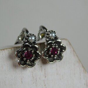 Avon Rosegay Antiqued Silver Tone & Rhinestone Flower Clip Earrings Vintage 1974